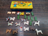 Vtg Ohio Art Busy Boy Tin & Assortment Of Wooden Trees Pig Dog Camel Rooster Man
