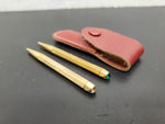 Vtg Mini Gold Golf Pencils Emerald & Faux Diamond Gem Stone In Red Leather Case
