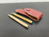 Vtg Mini Gold Golf Pencils Emerald & Faux Diamond Gem Stone In Red Leather Case
