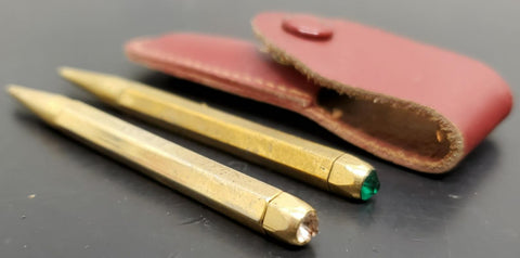 Vtg Mini Gold Golf Pencils Emerald & Faux Diamond Gem Stone In Red Leather Case