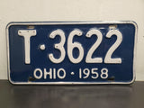 Vtg 1958 Ohio License Plate T-3622 Automobile Collectibles Mancave Garage Orig.
