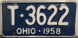 Vtg 1958 Ohio License Plate T-3622 Automobile Collectibles Mancave Garage Orig.