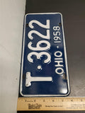 Vtg 1958 Ohio License Plate T-3622 Automobile Collectibles Mancave Garage Orig.