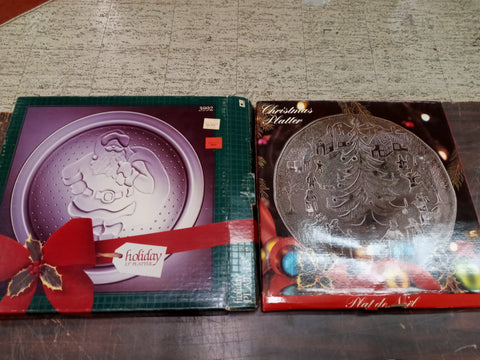 Holiday 13IN Santa & 12IN Christmas Tree Serving Glass Platters/Trays Decorative