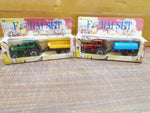 Vtg Sun Toys Farm Sets Diecast Green & Red Tractors W Plastic Pull Alongs NIB