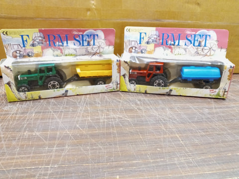 Vtg Sun Toys Farm Sets Diecast Green & Red Tractors W Plastic Pull Alongs NIB