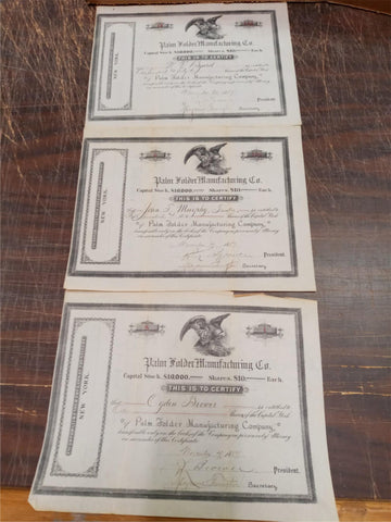 Vtg Palm Folder Mfg Capital Stock Certificates New York November 4,7 & 30 1887
