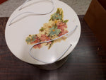 Vtg Beige Wicker Princess 1940's Sewing Basket Flowered String Lid  Wooden Feet