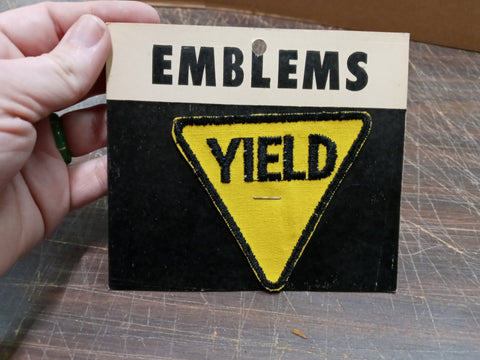 Vtg Emblem Yield Caution Road Sign Patch Yellow Traffic Travel Car Old School