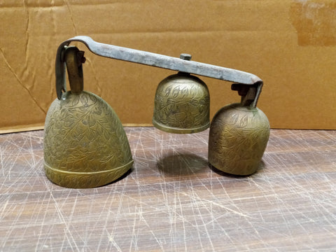 Vtg Three Brass Flowered Leaves Etched Bells W Steel Mount Doorbells Decorations