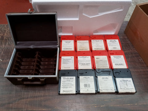 Vtg Lot Of 12 Cartridges 8 Track Tapes Various & Carrying Case W Latch Untested