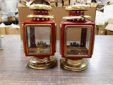 Vtg Oil Lamps Red & Gold Four Window Metal Hanging Table Hurricane Lanterns