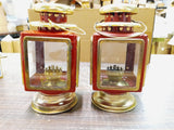 Vtg Oil Lamps Red & Gold Four Window Metal Hanging Table Hurricane Lanterns