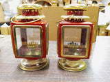 Vtg Oil Lamps Red & Gold Four Window Metal Hanging Table Hurricane Lanterns
