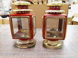 Vtg Oil Lamps Red & Gold Four Window Metal Hanging Table Hurricane Lanterns