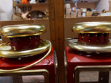 Vtg Oil Lamps Red & Gold Four Window Metal Hanging Table Hurricane Lanterns