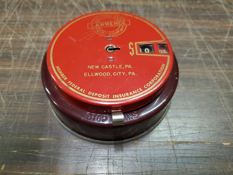 Vtg Red & Maroon Lawrence Saving & Trust Advertising Piggy Add A Bank New Castle