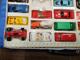 Vtg Assortment Diecast Car Trucks Race Cars Jeep Kidco Matchbox & Carrying Case