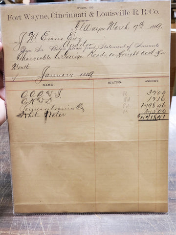 Vtg Fort Wayne Cincinnati & Louisville RR March 1889 Form 66 Signature & Payment