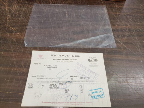 Vtg Oct 1921 WM Demuth & CO Manufacturers Of Pipes & Smokers Articles Receipt