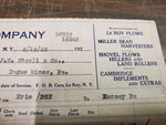 Vtg Le Roy Plow Company Receipt 1922 Miller Bean Shovel Hillers & Rollers