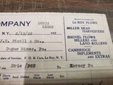 Vtg Le Roy Plow Company Receipt 1922 Miller Bean Shovel Hillers & Rollers