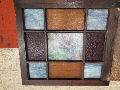 Antique 26x28 Framed Stained Glass Window Uniquely Textured 9 Panes Multicolored