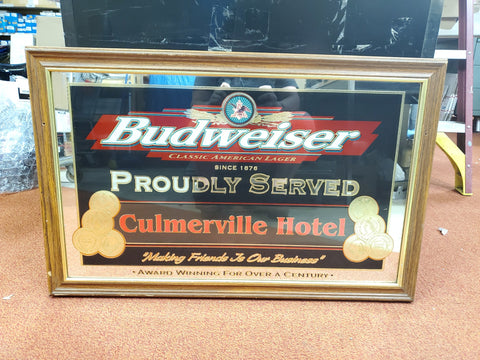 Vtg Budweiser Culmerville Hotel Mirrored Foiled Framed Mancave Bar Sign 33X21 IN
