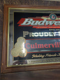 Vtg Budweiser Culmerville Hotel Mirrored Foiled Framed Mancave Bar Sign 33X21 IN