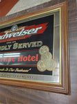 Vtg Budweiser Culmerville Hotel Mirrored Foiled Framed Mancave Bar Sign 33X21 IN