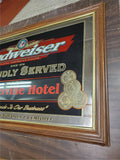 Vtg Budweiser Culmerville Hotel Mirrored Foiled Framed Mancave Bar Sign 33X21 IN