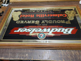 Vtg Budweiser Culmerville Hotel Mirrored Foiled Framed Mancave Bar Sign 33X21 IN