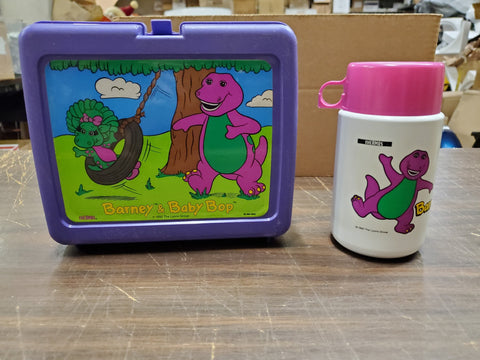 Vtg 1992 Lyons Barney & Baby Bop Dinosaurs Purple Plastic Lunch Box & Thermos