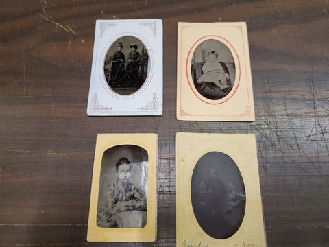 Vtg Tin Type Photos Woman & Children W/ Papier Mache Sleeves Lies Art Studio Etc