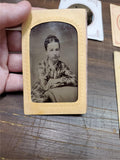 Vtg Tin Type Photos Woman & Children W/ Papier Mache Sleeves Lies Art Studio Etc