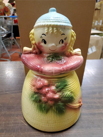 Vtg 1950S American Bisque Yarn Girl Doll Cookie Jar Yellow Pink & Blue Collectib