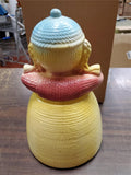 Vtg 1950S American Bisque Yarn Girl Doll Cookie Jar Yellow Pink & Blue Collectib