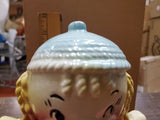 Vtg 1950S American Bisque Yarn Girl Doll Cookie Jar Yellow Pink & Blue Collectib