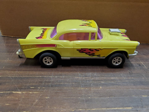 YCT Chevrolet Bel Air Hot Rod Racer Yellow Flamed Pull-String Motor '57 Chevy