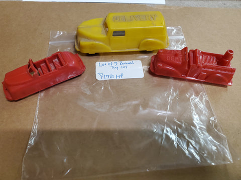 3 PLASTIC RENWAL PLASTIC TOY CARS #147 CONV. #145 FIRE TRUCK & #148 DELIVERY