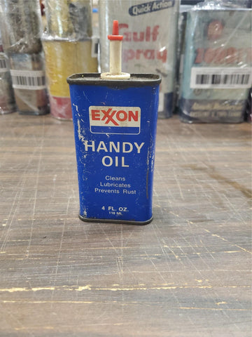 vtg exxon handy oil cleans lubricates and prevents rust blue tin can 4 fl oz 1/2