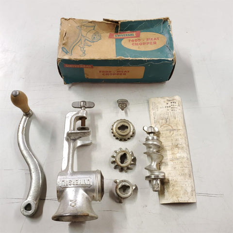 Vtg Universal #2  Food Meat Grinder Chopper Org Box Papers Cast Iron Wood Handle