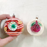 Vtg 2 Pc Lot Triple Indent Frosted Hand Painted Bumpy Glass Christmas Ornament