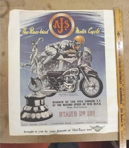 Vtg AJ's Race-Bred Motorcycle Poster 1955 Model 20 Springtwin Rod Coleman