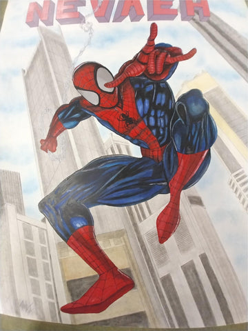 Flying Spiderman City Nevaeh Hand Painted Drawing Poster Paint Pen Crayon Art