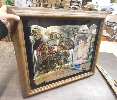 VTG Coca-Cola Wood Framed Advertisement 5 Cent Mirror Wall Art Picture 19x23
