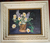 VTG Painting 1961 Antique Wood Frame Hand painted E. Emery Flowers Daisies