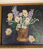 VTG Painting 1961 Antique Wood Frame Hand painted E. Emery Flowers Daisies