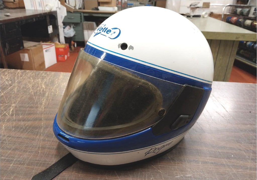 bell dot helmet used Vetter Rogue Bell Dot Blue White Vintage Motorcycle Helmet Visor Full – cyclewarehouse.online