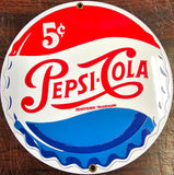 VTG Pepsi Cola Sign 5 Cent 1930s Button Cap Sign 8in Enamel Metal Collectible